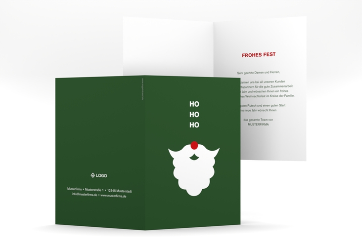 Business-Weihnachtskarte Hohoho A6 Klappkarte hoch gruen hochglanz humorvoll mit Nikolausbart