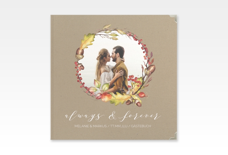 Gästebuch Selection Hochzeit Herbstlich Leinen-Hardcover Kraftpapier mit Eichenkranz und Foto