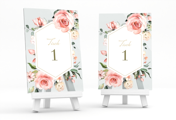 Tischnummer Acryl Hochzeit Graceful Tischaufsteller Acryl weiss mit Rosenblüten in Rosa und Weiß