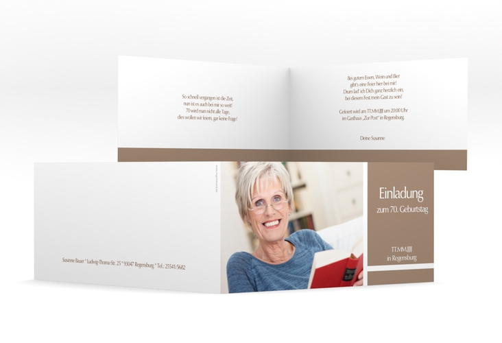 Einladung 70. Geburtstag Gerd/Gerda lange Klappkarte quer braun mit Foto