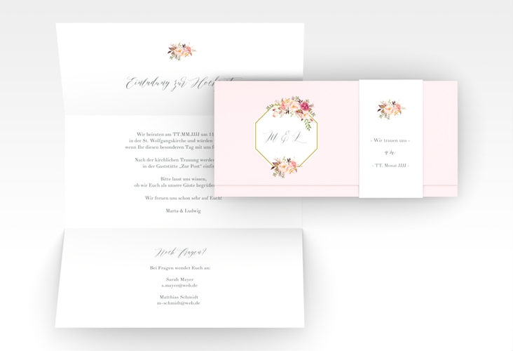 Hochzeitseinladung Prachtvoll Wickelfalzkarte + Banderole rosa