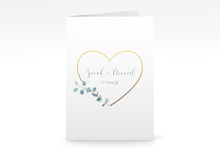 Einladungskarte Hochzeit Greenheart A6 Klappkarte hoch gold mit elegantem Herz und Eukalyptus-Zweig