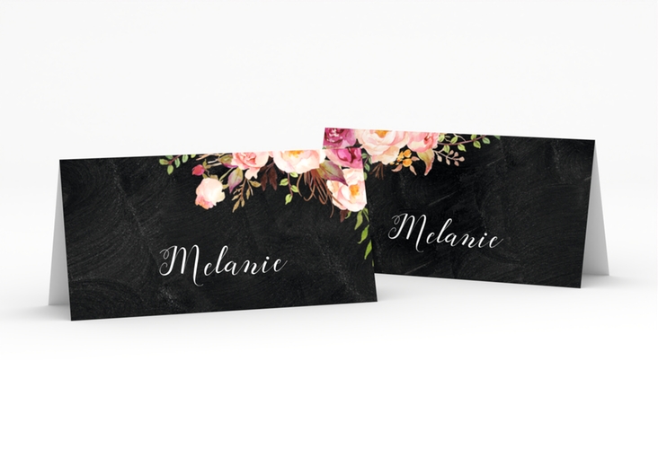 Tischkarte Hochzeit Flowers Tischkarten schwarz hochglanz mit bunten Aquarell-Blumen