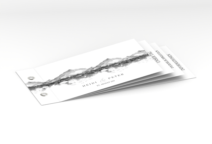 Hochzeitseinladung Bergliebe Booklet grau mit Gebirgspanorama für Berghochzeit
