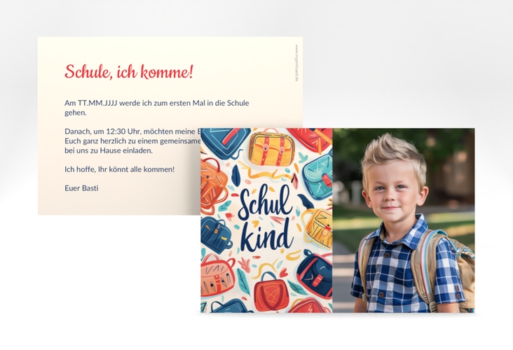 Einschulungskarte Schulmappen A6 Karte quer bunt