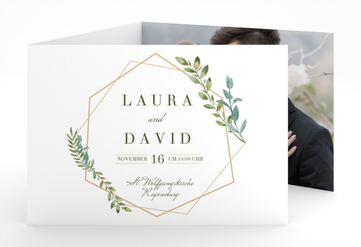 Hochzeitseinladung Herbarium A6 Doppel-Klappkarte gold mit geometrischem Rahmen und Blätter-Dekor