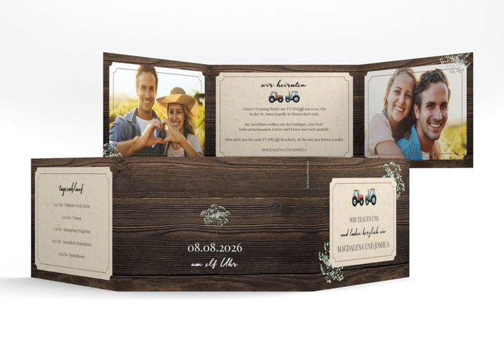 Hochzeitseinladung Bauernhochzeit A6 Doppel-Klappkarte braun in rustikaler Holz-Optik mit Schleierkraut und zwei kleinen Traktoren