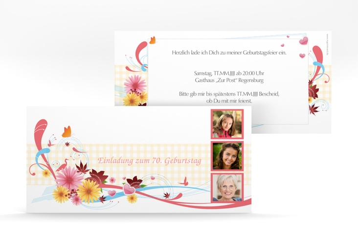Einladung 70. Geburtstag Elisabeth lange Karte quer rosa hochglanz