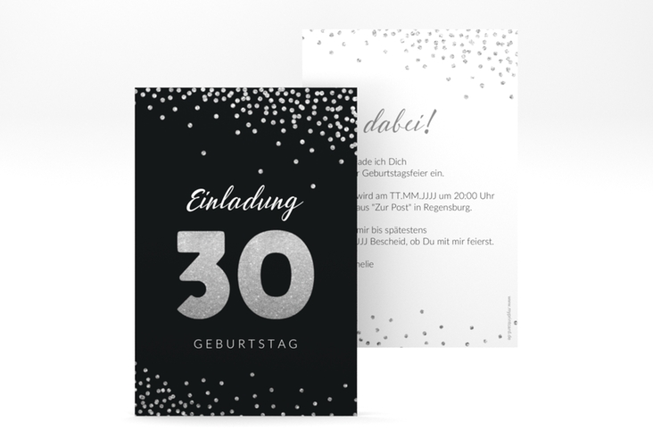 Einladung 30. Geburtstag Glitzer A6 Karte hoch grau