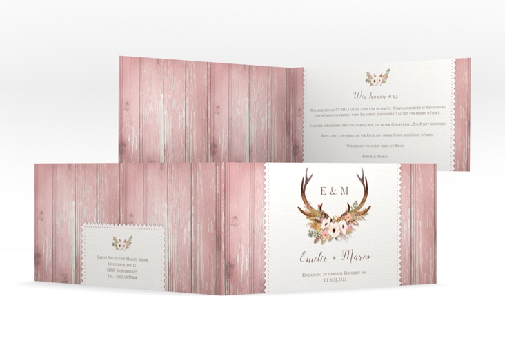 Hochzeitseinladung Heimatjuwel lange Klappkarte quer rosa mit Hirschgeweih und Holz-Hintergrund