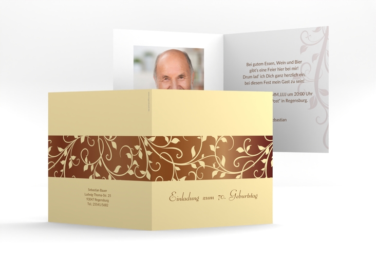 Einladung 70. Geburtstag Hermann/Hermine quadr. Klappkarte braun