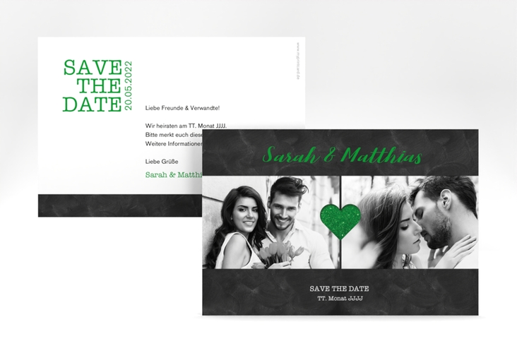 Save the Date-Karte Sparkly A6 Karte quer gruen hochglanz