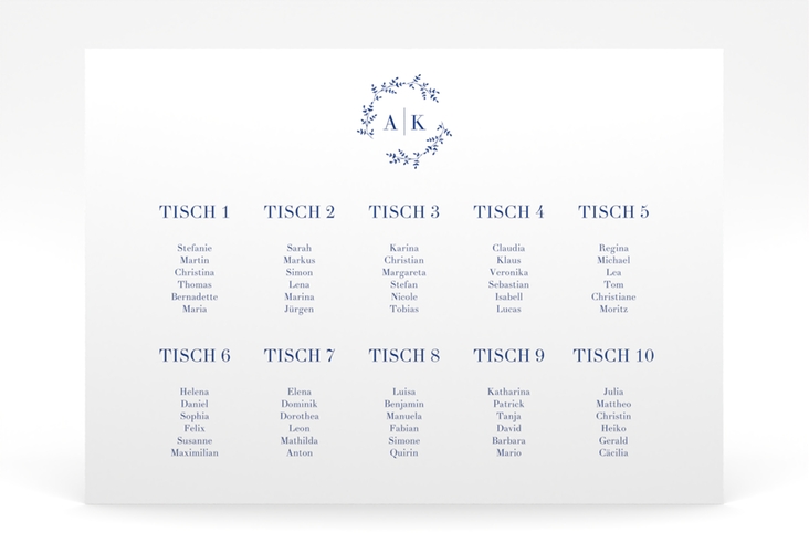 Sitzplan Poster Filigrana 70 x 50 cm Poster blau in reduziertem Design mit Initialen und zartem Blätterkranz