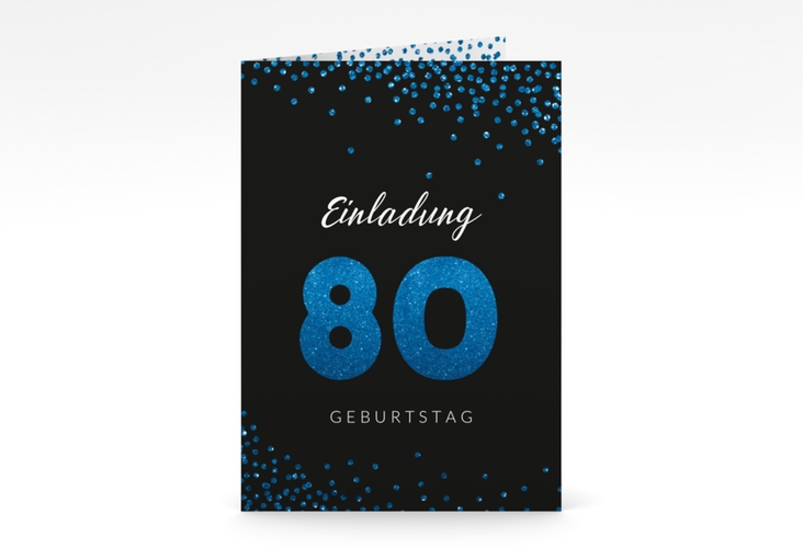 Einladung 80. Geburtstag Glitzer A6 Klappkarte hoch blau hochglanz