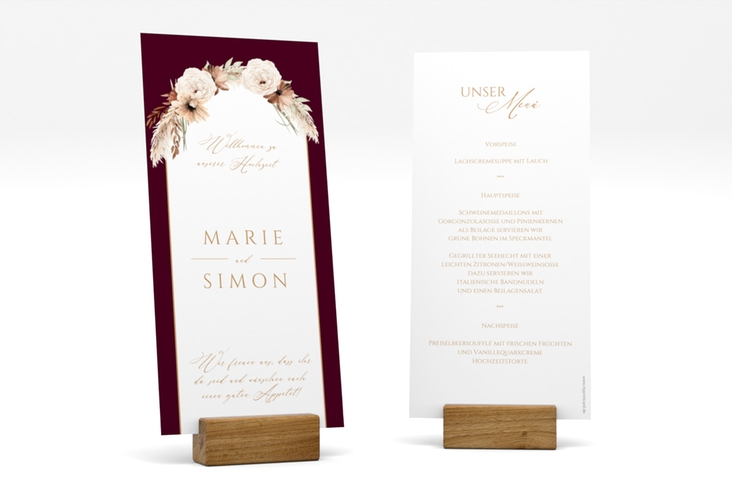 Menükarte Hochzeit Blumenbogen lange Karte hoch rot hochglanz