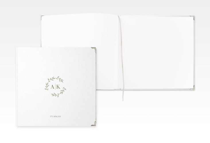 Gästebuch Selection Hochzeit Filigrana Leinen-Hardcover gruen in reduziertem Design mit Initialen und zartem Blätterkranz