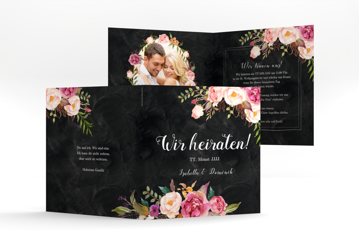 Hochzeitseinladung Flowers quadr. Klappkarte mit bunten Aquarell-Blumen