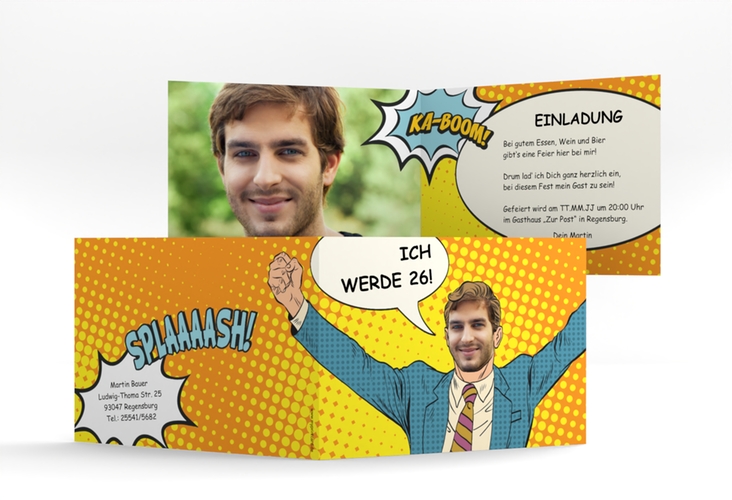 Einladung Geburtstag Popart Man A6 Klappkarte quer
