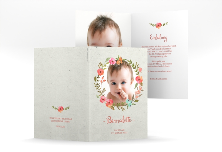 Einladungskarte Taufe Floret A6 Klappkarte hoch apricot hochglanz