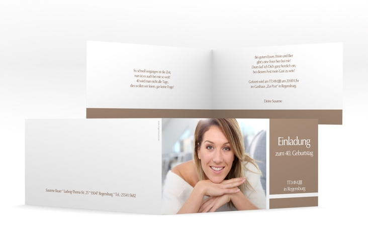 Einladung 40. Geburtstag Gerd/Gerda lange Klappkarte quer braun mit Foto