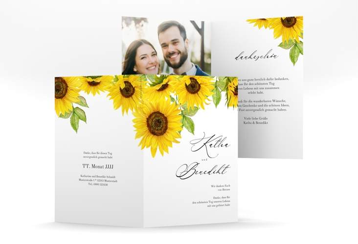 Dankeskarte Hochzeit Sonnenblume A6 Klappkarte hoch hochglanz mit Blüten in Gelb