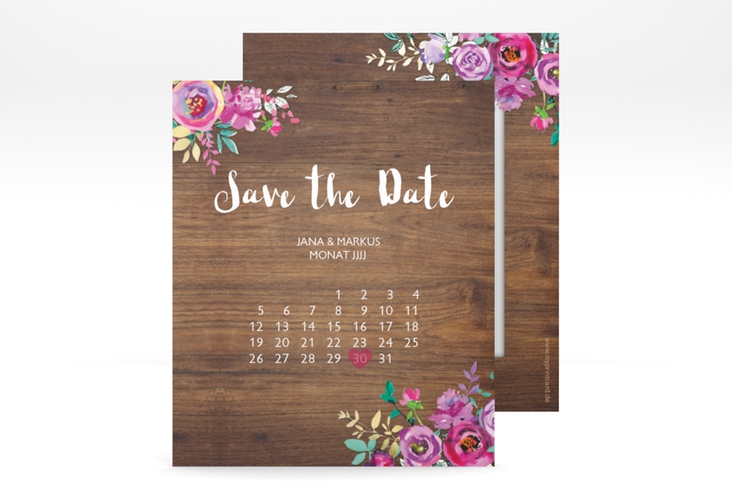Save the Date-Kalenderblatt Flourish Kalenderblatt-Karte braun mit floraler Bauernmalerei auf Holz