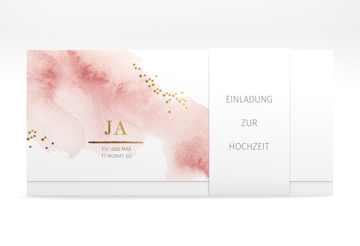 Hochzeitseinladung Pastell Wickelfalzkarte + Banderole rosa