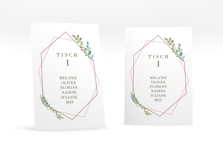 Tischaufsteller Hochzeit Herbarium Tischaufsteller rosa hochglanz mit geometrischem Rahmen und Blätter-Dekor