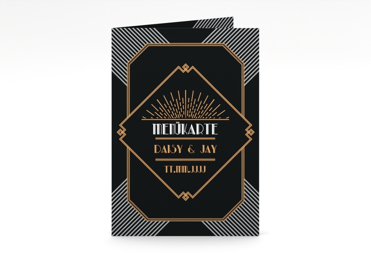 Menükarte Hochzeit Gatsby A5 Klappkarte hoch schwarz im 20er-Jahre-Stil