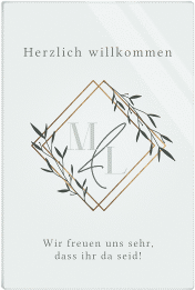 Klick: Details zu Willkommensschild Acryl "Greenletter" anzeigen Willkommensschild Acryl Greenletter 40 x 60 cm Acryl gruen mit Initialen in elegantem Goldrahmen mit Blättern