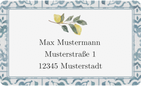 Klick: Details zu Empfängeretikett Hochzeit "Blauweiss" anzeigen Empfängeretikett Hochzeit Blauweiss 63,5 x 38,1 mm blau mit mediterranem Azulejo-Muster und Zitronen
