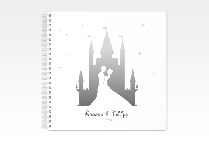 Gästebuch Hochzeit Castle Ringbindung grau mit Silhouette von Märchenschloss mit Prinz und Prinzessin