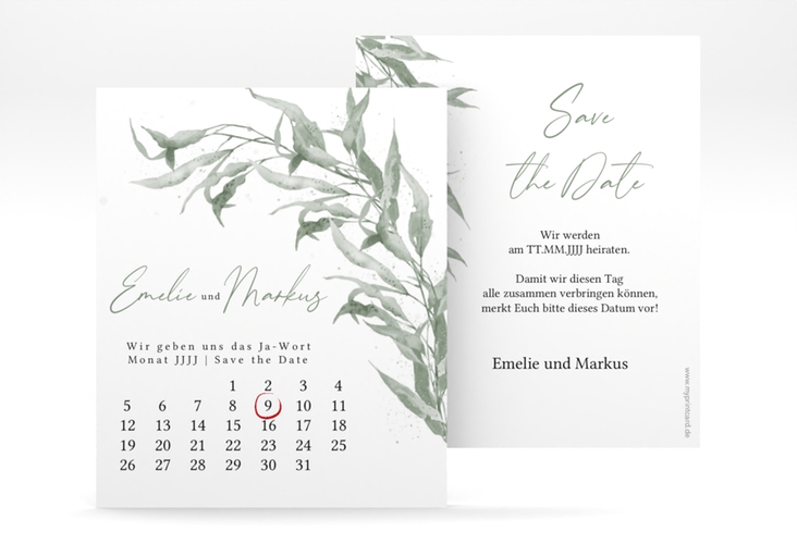 Save the Date-Kalenderblatt Eucalyptus Green Kalenderblatt-Karte weiss hochglanz