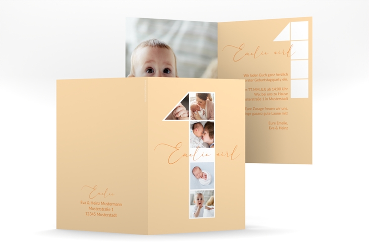 Einladungskarte Kindergeburtstag One A6 Klappkarte hoch orange hochglanz zum ersten Geburtstag mit Fotos