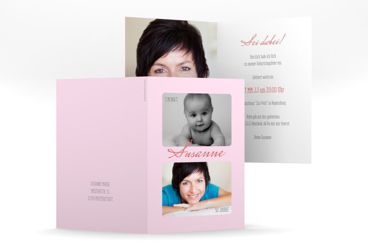 Einladung 50. Geburtstag Zeitlos A6 Klappkarte hoch rosa hochglanz mit Damals- und Heute-Fotos