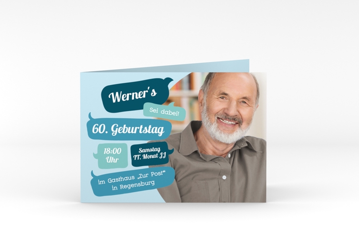 Einladung 60. Geburtstag Whatsup A6 Klappkarte quer blau