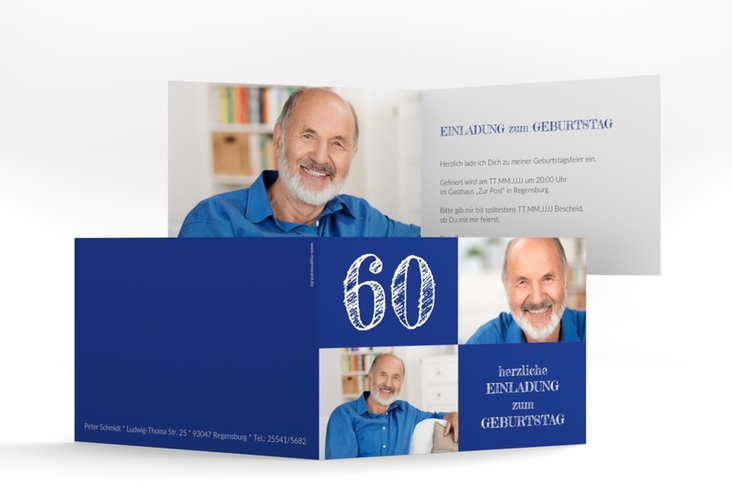 Einladung 60. Geburtstag Lebensfreude A6 Klappkarte quer blau hochglanz