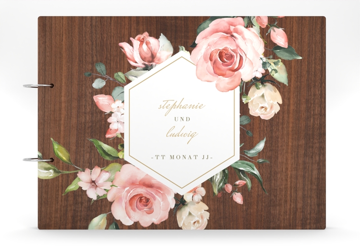 Gästebuch Holzcover Nussbaum Graceful Holz-Cover, bedruckt braun mit Rosenblüten in Rosa und Weiß