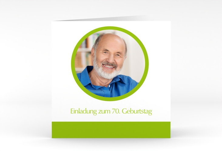 Einladung 70. Geburtstag Anton/Antonia quadr. Klappkarte gruen schlicht mit Foto