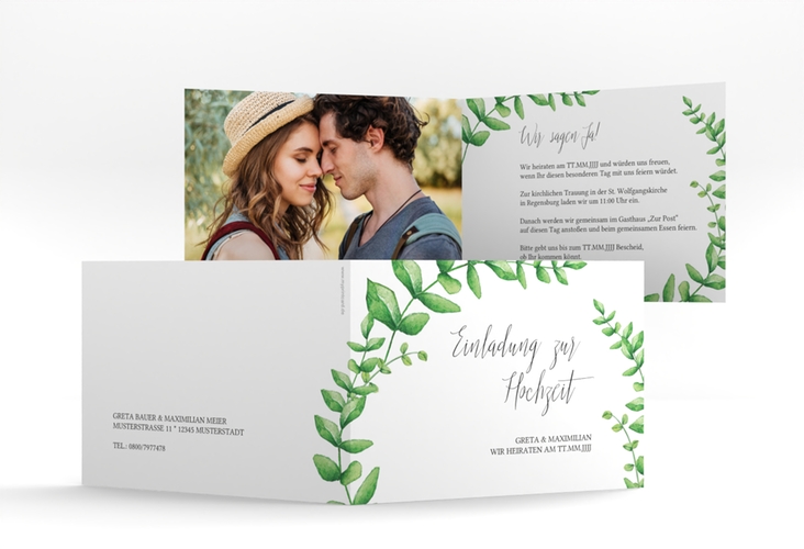 Hochzeitseinladung Botanic A6 Klappkarte quer weiss