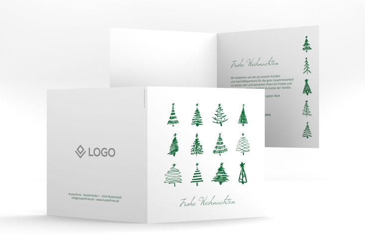 Geschäftliche Weihnachtskarte "Weihnachtshain" quadratische Klappkarte mit Tannenbaum-Scribbles