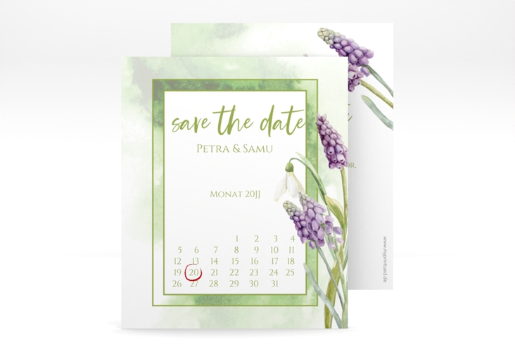 Save the Date-Kalenderblatt Frühling Kalenderblatt-Karte mit Frühlingsblumen in Aquarell