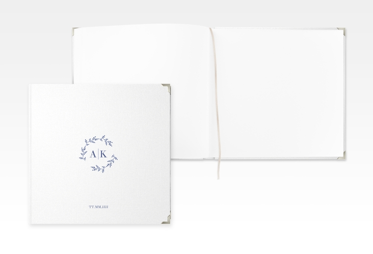 Gästebuch Selection Hochzeit Filigrana Leinen-Hardcover blau in reduziertem Design mit Initialen und zartem Blätterkranz