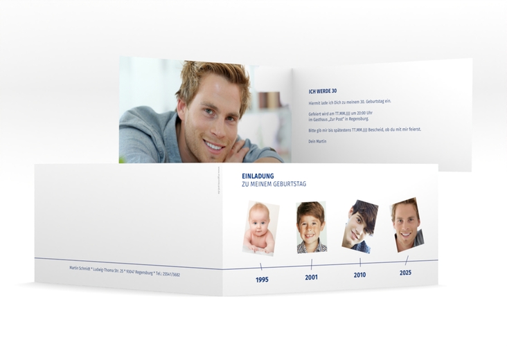 Einladung 30. Geburtstag Timeline lange Klappkarte quer weiss