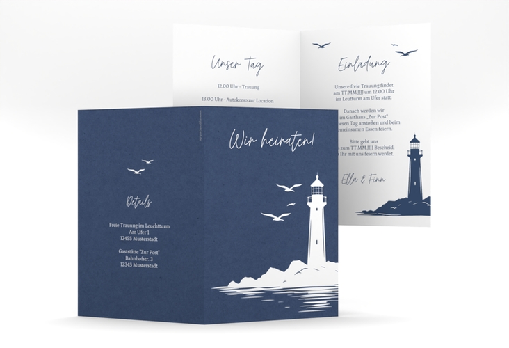 Einladungskarte Hochzeit Leuchtturm A6 Klappkarte hoch blau hochglanz