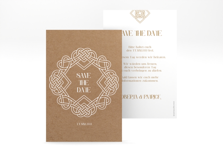 Save the Date-Karte Herzknoten A6 Karte hoch Kraftpapier mit Goldrahmen und roten Herzen