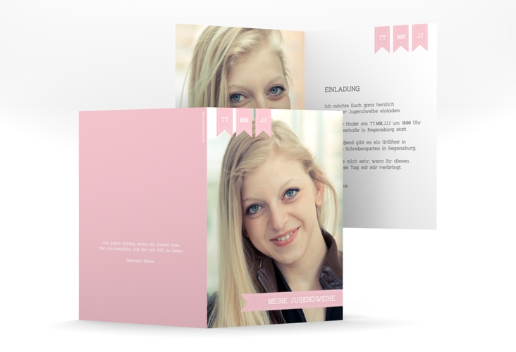 Einladung Jugendweihe Youthful A6 Klappkarte hoch rosa hochglanz mit eigenem Foto