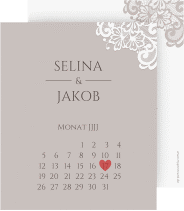 Klick: Details zu Save the Date-Kalenderblatt "Vintage" anzeigen Save the Date-Kalenderblatt Vintage Kalenderblatt-Karte grau mit floraler Spitze