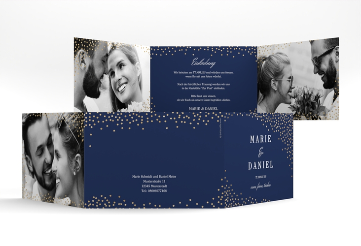 Hochzeitseinladung Glitter A6 Doppel-Klappkarte blau hochglanz