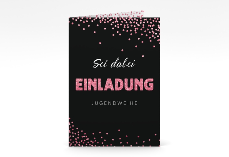 Einladungskarte Jugendweihe Glimmer A6 Klappkarte hoch pink hochglanz